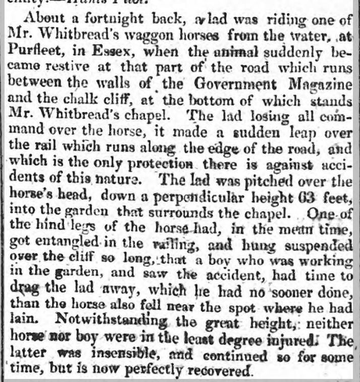 1827.04.05 lad named Sparks and horse fell over cliff edge, Public Ledger &amp; Daily Advertiser