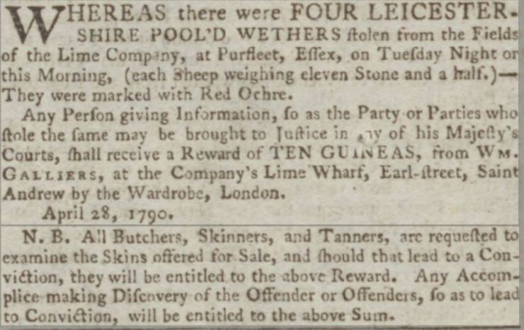 1790.04.30 10 guinea reward for theft from Lime Works Purfleet, Kentish Gazette