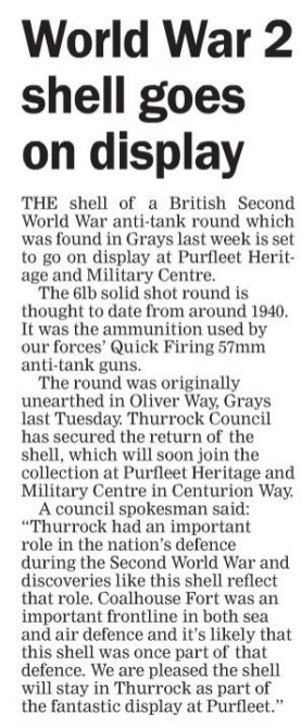 18.03.10 WW2 shell goes on display at Heritage Centre. p6. Thurrock Gazette