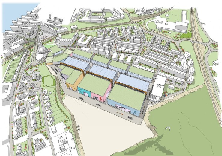 Aerial view looking west onto centre of regeneration area