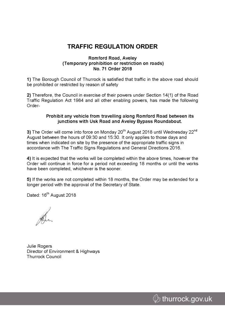 18.08.16 TRO - Romford Road Aveley