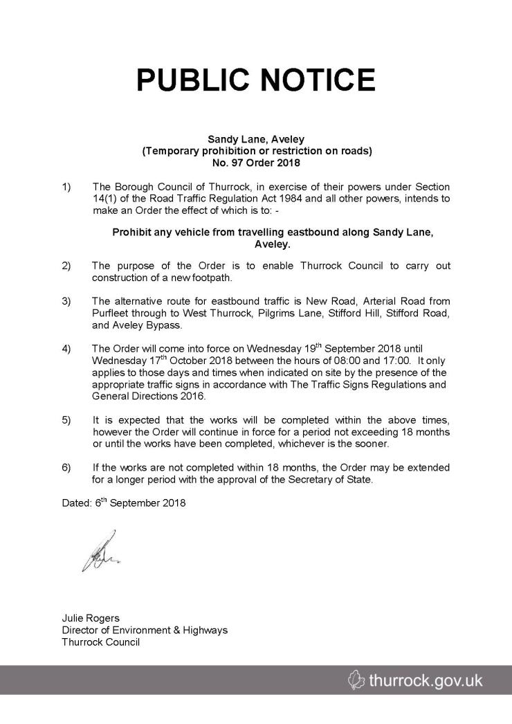 18.09.06 TRO Sandy Lane Aveley