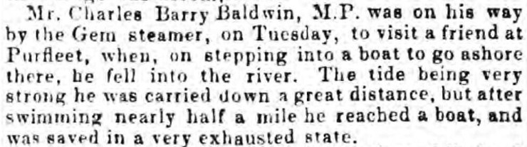 1850.04.23 Charles Barry Baldwin MP falls into river, Chelmsford Chronicle