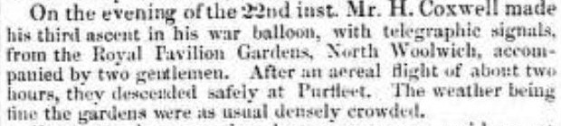 1855.08.31 war balloon land in densly populated gardens, Essex Standard