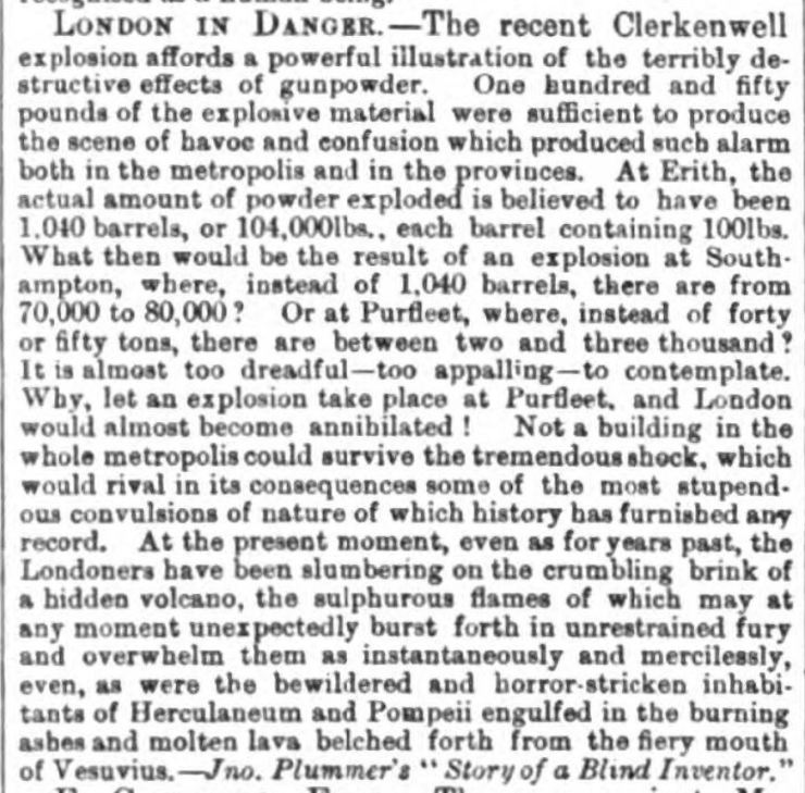1868.05.23 potential explosion at Purfleet, Halifax Courier