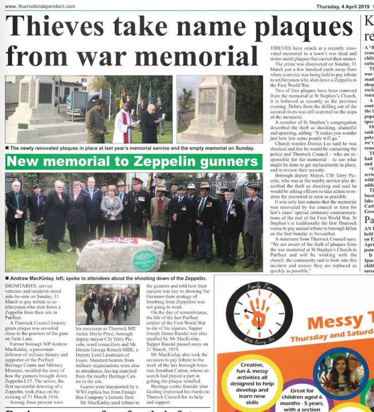 19.04.04 Thieves steal memorial plaques &amp; tribute to Zeppelin gunners, Thurrock Independent