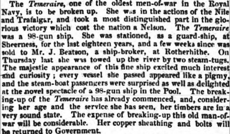 1838.09.13 Temeraire to be broken up, painted by Turner 6.9.1838 , London Courier and Evening Gazette