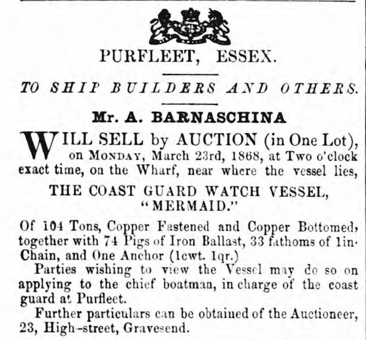 1868.03.21 sale of coast watch vessel - Mermaid, Gravesend Reporter, North Kent and South Essex Advertiser