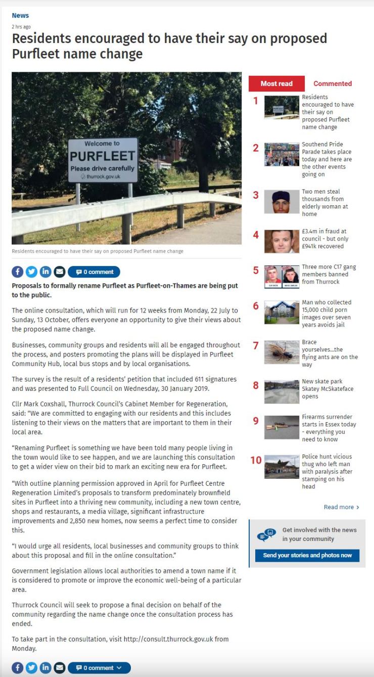 19.07.20 consultation for name change to Purfleet-on-Thames, Thurrock Gazette