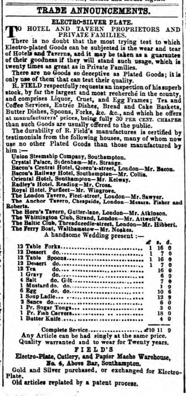 1859.04.23 R Fields electro plate silver approved by Royal Hotel, Hampshire Advertiser