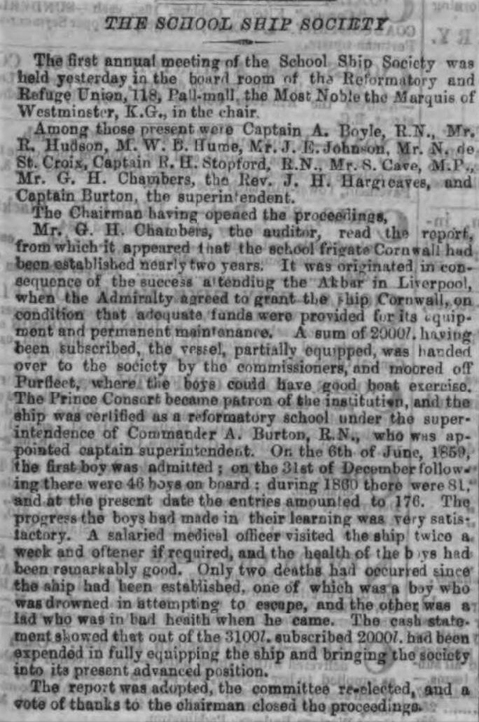 1861.05.18 first annual meeting of School Ship Society, London Evening Standard