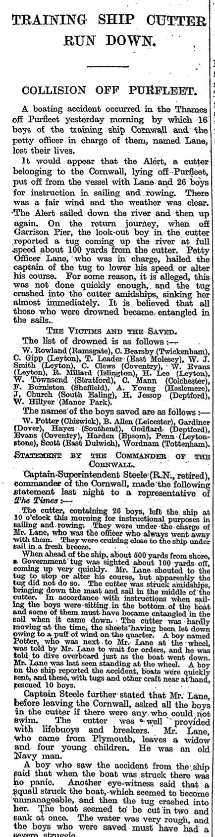 1915.08.31 16 Boys downed training ship cutter run down, The Times