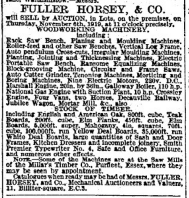 1919.10.25 auction, ref Millars Timber Purfleet, The Times