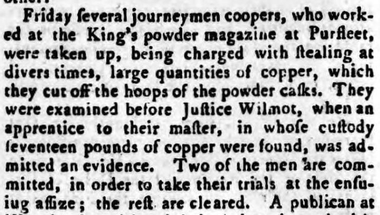 1774.06.22 several jouneyman coopers charged with copper theft, Kentish Gazette